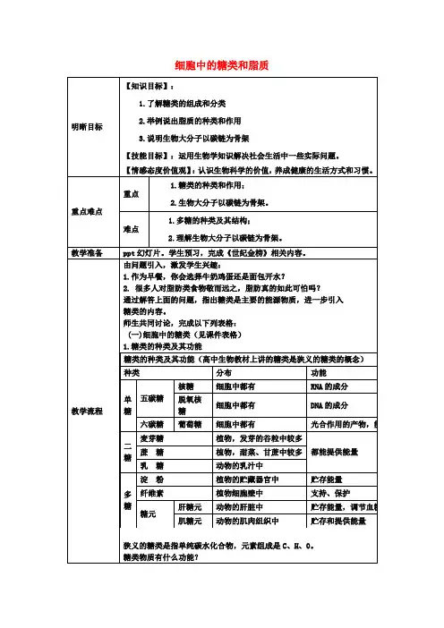 高中生物 第二章 组成细胞的分子 第四节 细胞中的糖类和脂质教案 新人教版必修1