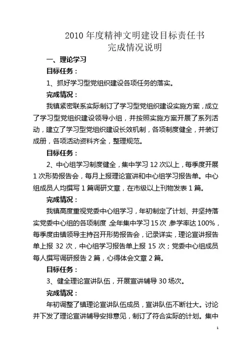 2010年度精神文明建设目标责任书完成情况说明