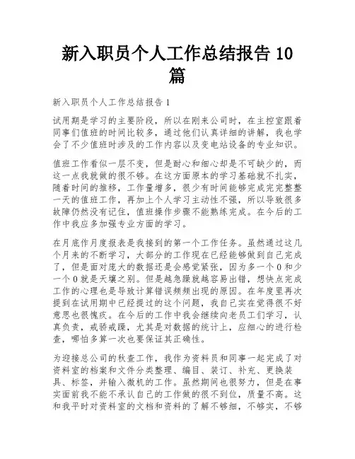 新入职员个人工作总结报告10篇