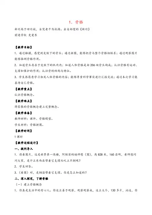 苏教版科学四年级下册1.骨骼 (2)教案与反思