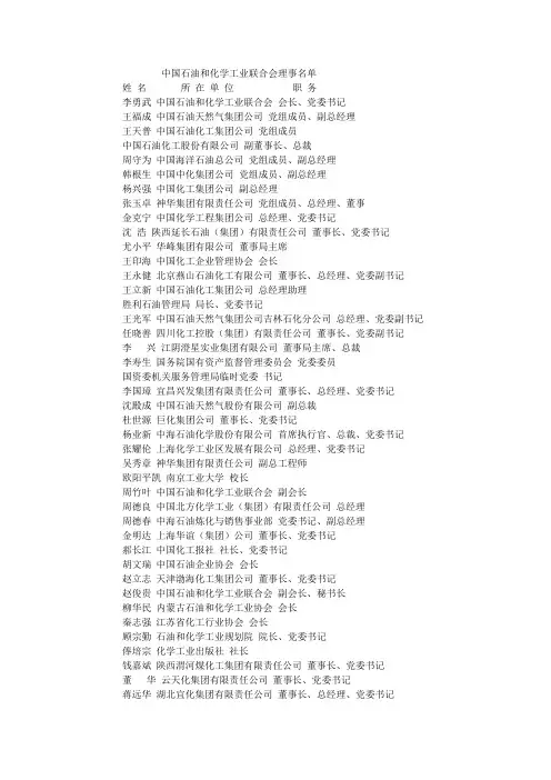 中国石油和化学工业联合会理事名单