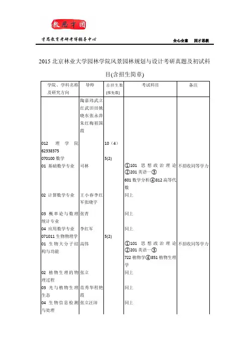 2015北京林业大学园林学院风景园林规划与设计考研真题及初试科目(含招生简章)