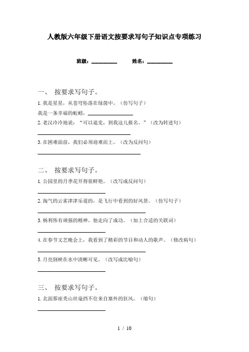 人教版六年级下册语文按要求写句子知识点专项练习