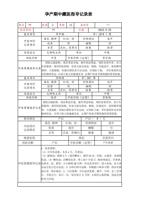 孕产妇中医药健康指导记录表