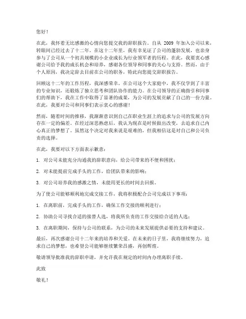 十二年员工辞职报告书