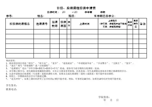 补修、后续课程修读申请表