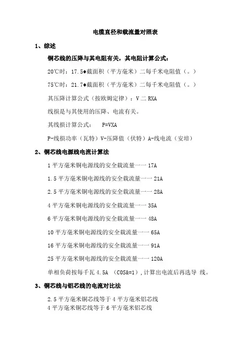 电缆直径和载流量对照表