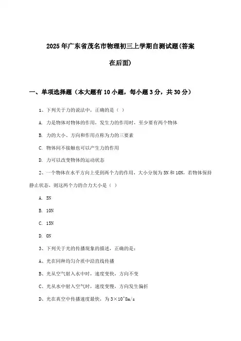 广东省茂名市物理初三上学期试题与参考答案(2025年)