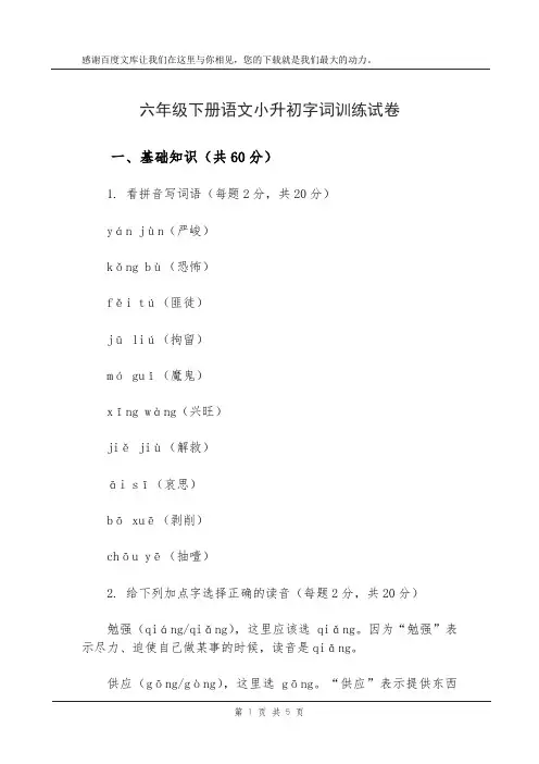 六年级下册语文小升初字词训练试卷