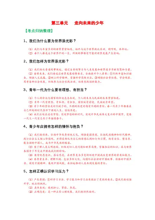 人教部编版九年级下册《道德与法治》第三单元走向未来的少年知识点归纳,考点整理,复习必备