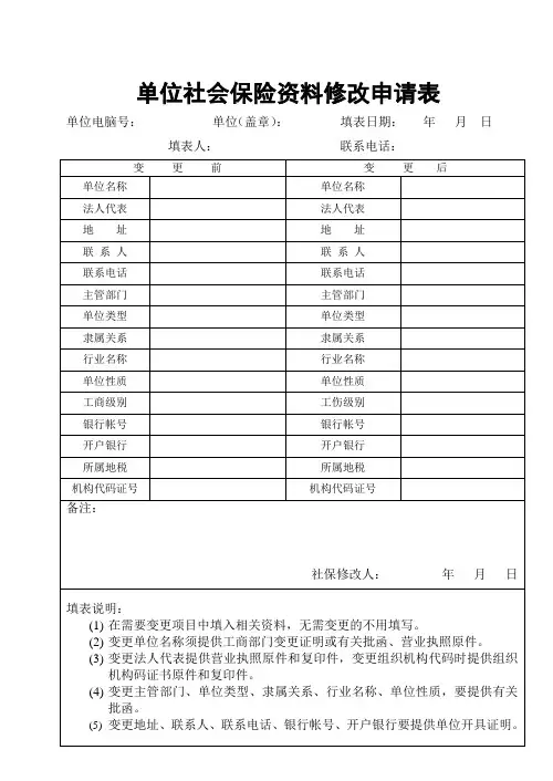 单位社会保险资料修改申请表