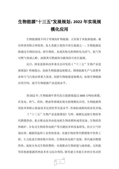2022年生物能源“十三五”发展规划：实现规模化应用