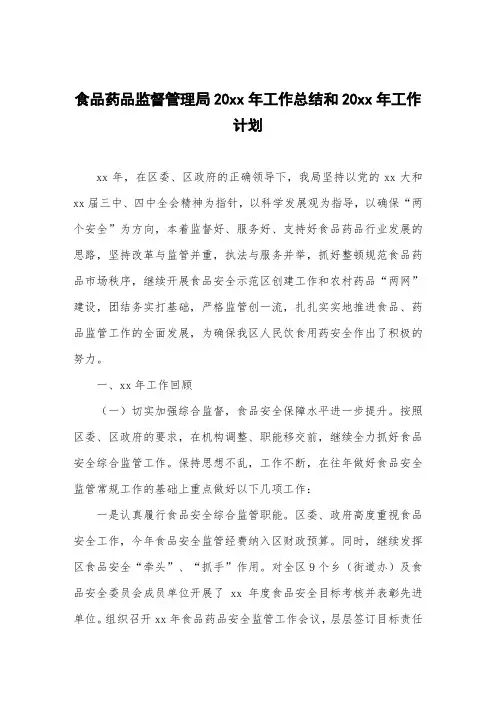 食品药品监督管理局工作总结和20xx年工作计划