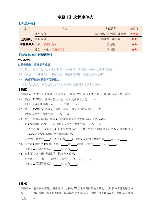 2023年中考物理复习-专题13求解摩擦力(知识点复习+例题讲解+过关练习)-备战2023年中考物理