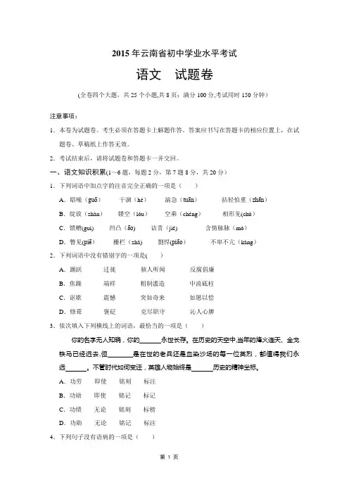 云南省中考语文试卷含答案