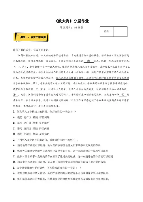 《致大海》(分层作业)统编版2023学年高二语文选择性必修中册含解析