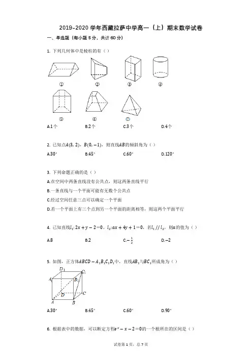 2019-2020学年西藏拉萨中学高一(上)期末数学试卷