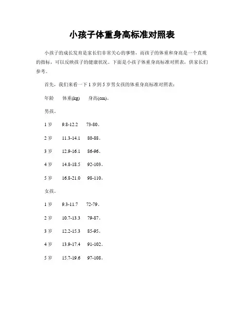 小孩子体重身高标准对照表