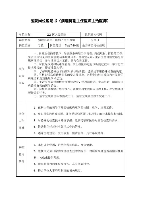 医院岗位说明书(病理科副主任医师主治医师)