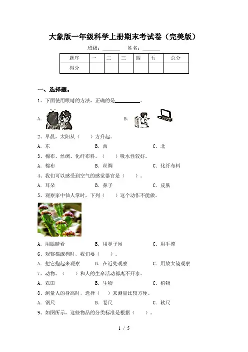 大象版一年级科学上册期末考试卷(完美版)