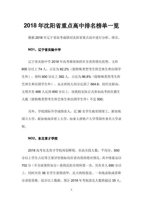 2018年沈阳省重点高中排名榜单一览