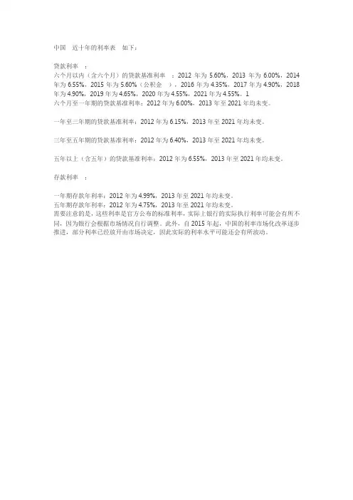中国近十年利率表
