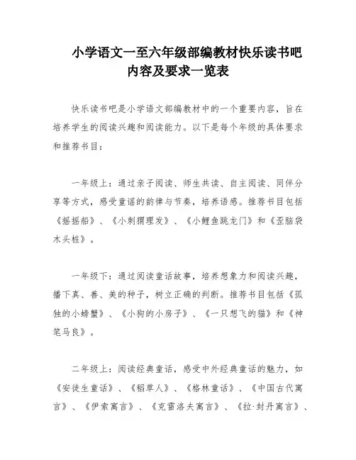 小学语文一至六年级部编教材快乐读书吧内容及要求一览表