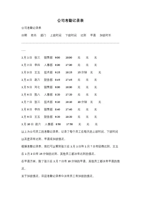 公司考勤记录表