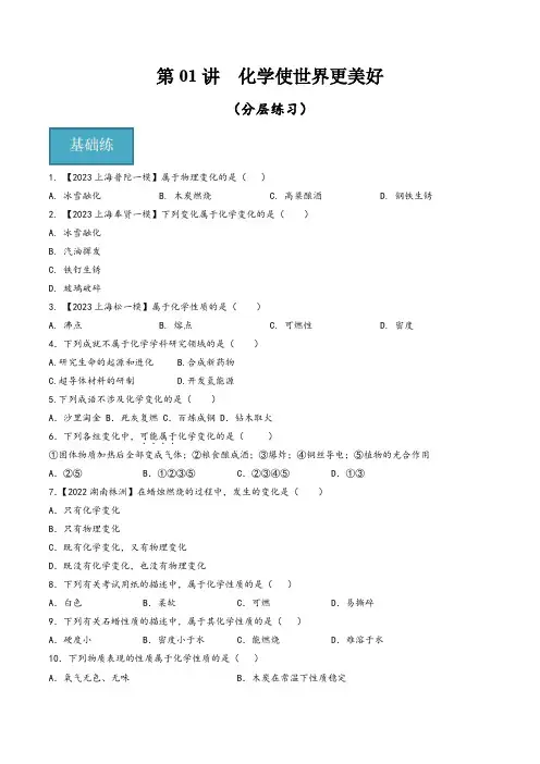 沪科版九年级化学第一学期同步精品课堂第01讲化学使世界更美好(分层练习)(原卷版+解析)
