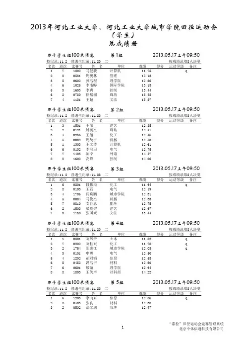 2013年河北工业大学、河北工业大学城市学院田径运动会(学生)总成绩册