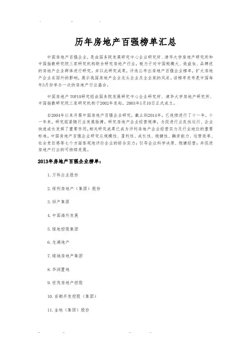 历年房地产百强榜单汇总