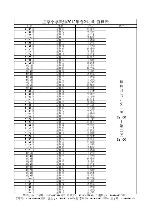 王家小学教师24小时值班表