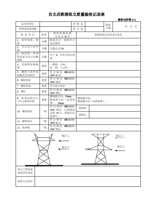 自立式铁塔组立质量验收记录表(线单元杆塔1-1)