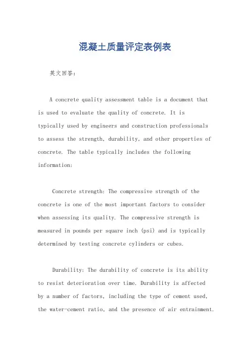 混凝土质量评定表例表