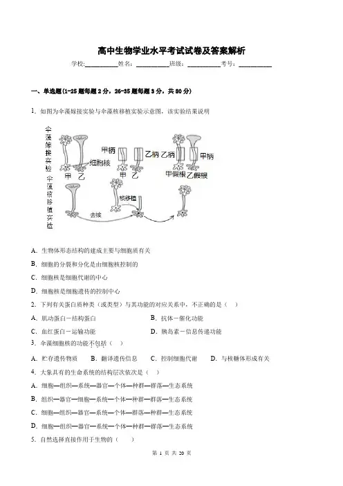 高中生物学业水平考试试卷及答案解析