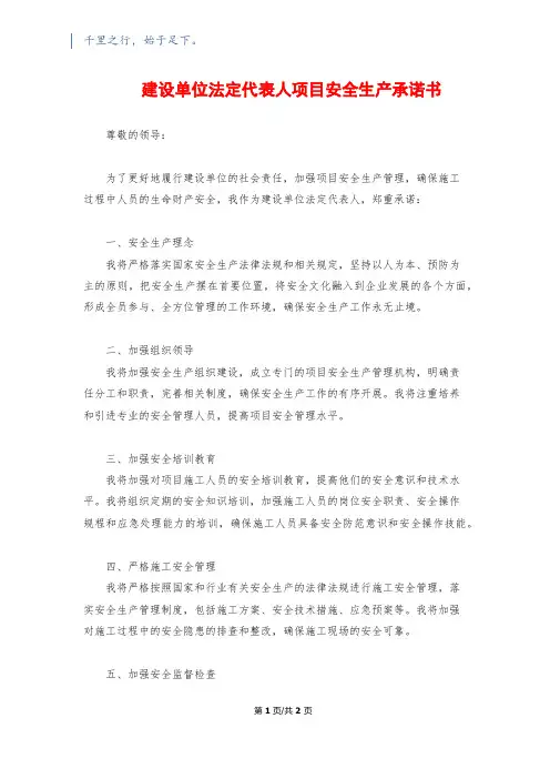 建设单位法定代表人项目安全生产承诺书