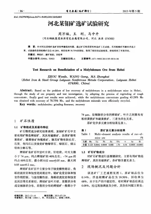 河北某钼矿选矿试验研究