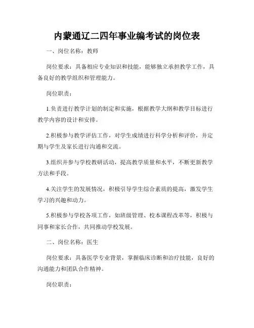 内蒙通辽二四年事业编考试的岗位表