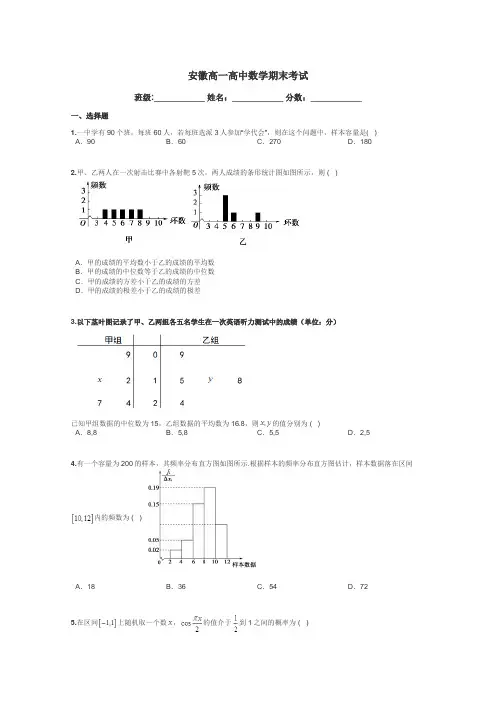 安徽高一高中数学期末考试带答案解析
