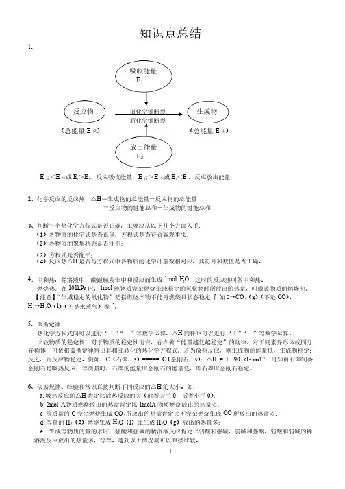 山东科技版高二化学（选修）第一章化学反应与能量转化知识点总结及练习