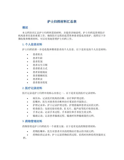 护士归档材料汇总表