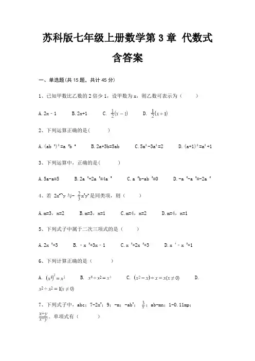 苏科版七年级上册数学第3章 代数式 含答案