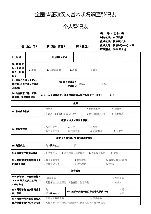 全国持证残疾人基本状况调查登记表(模板)