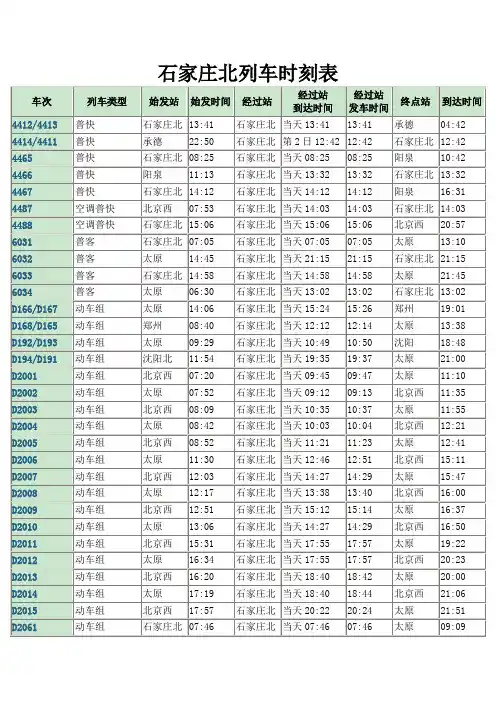 石家庄北列车时刻表