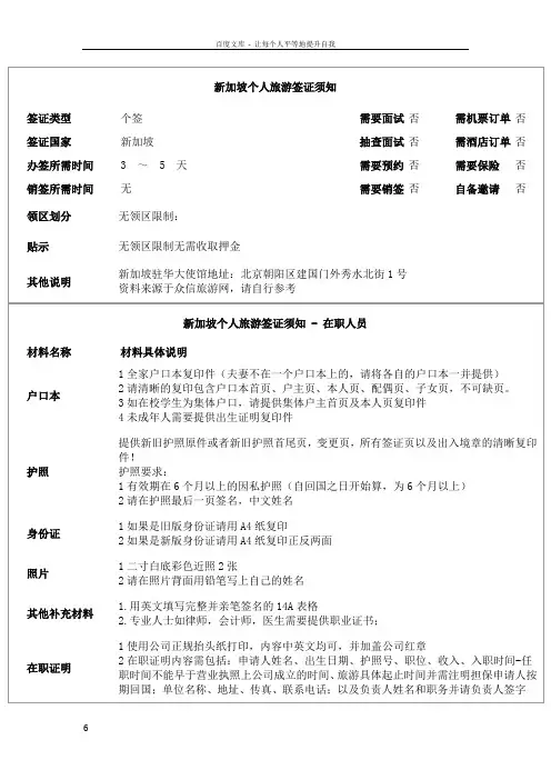新加坡个签资料及在职在校模板