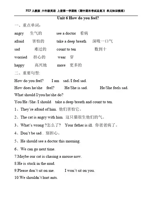 PEP人教版 六年级英语 上册第一学期秋(期中期末考试总复习 单元知识梳理)Unit 6 知识点总结(讲义式)
