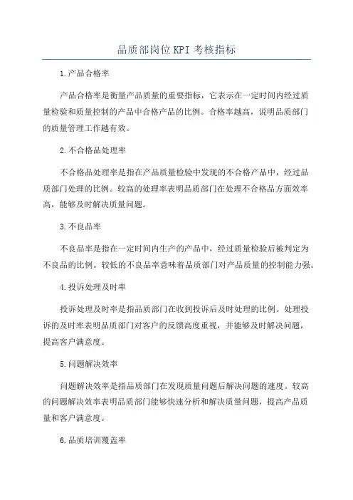 品质部岗位KPI考核指标