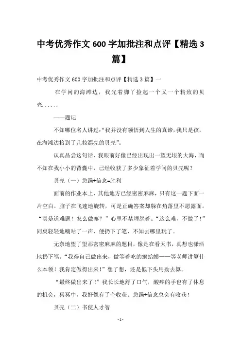 中考优秀作文600字加批注和点评【3篇】