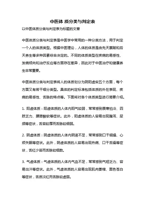 中医体 质分类与判定表