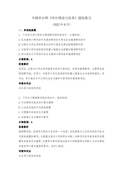 中级审计师-《审计理论与实务》强化练习(2022年6月)
